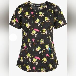 Tooniforms Shrek Life Women's 3-Pocket STRETCH V-Neck Print Scrub Top